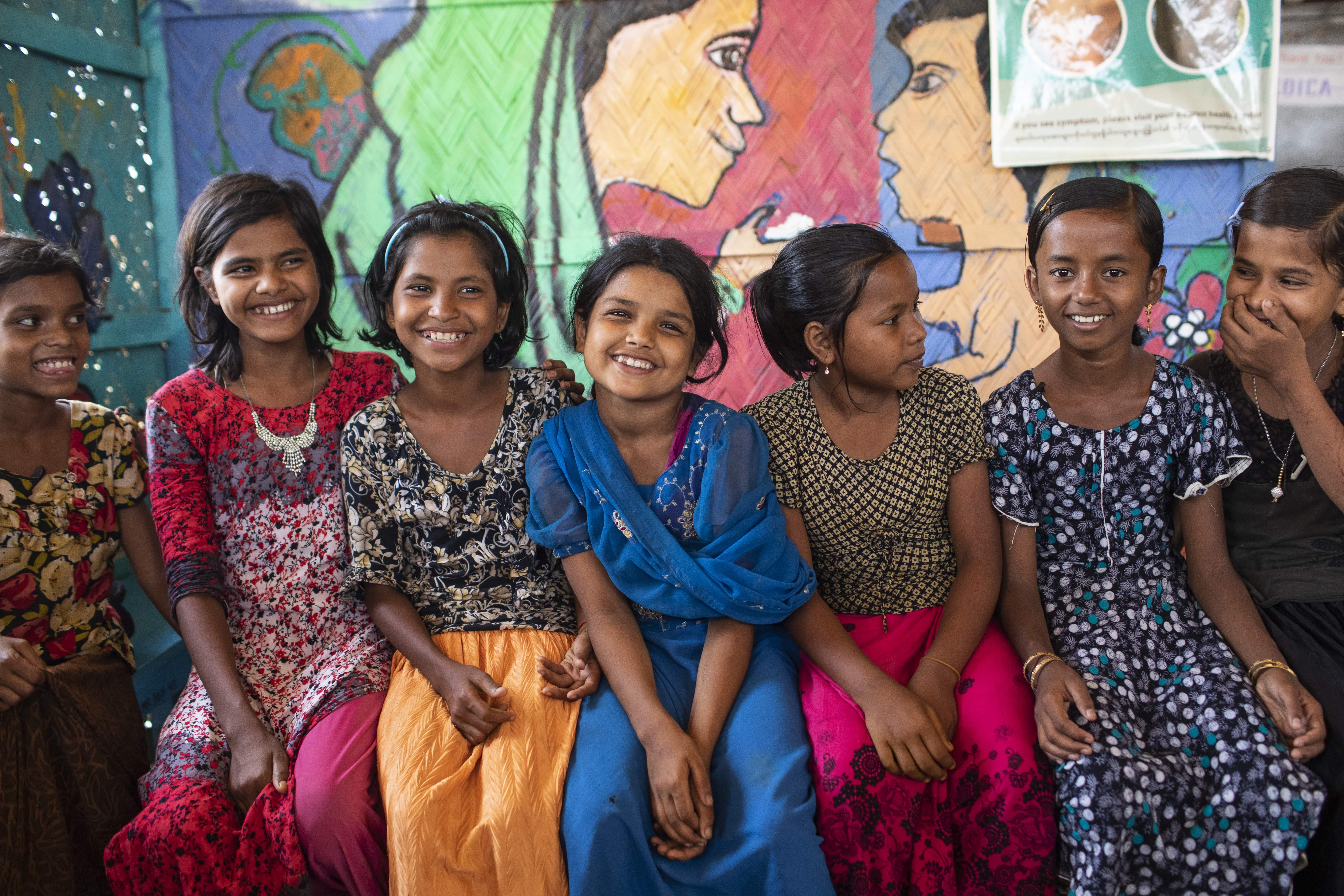  Young Rohingya refugees from Myanmar participate in a UNHCR supported workshop to learn psychosocial skills and coping mechanisms at the Kutupalong Refugee camp in Bangladesh. 