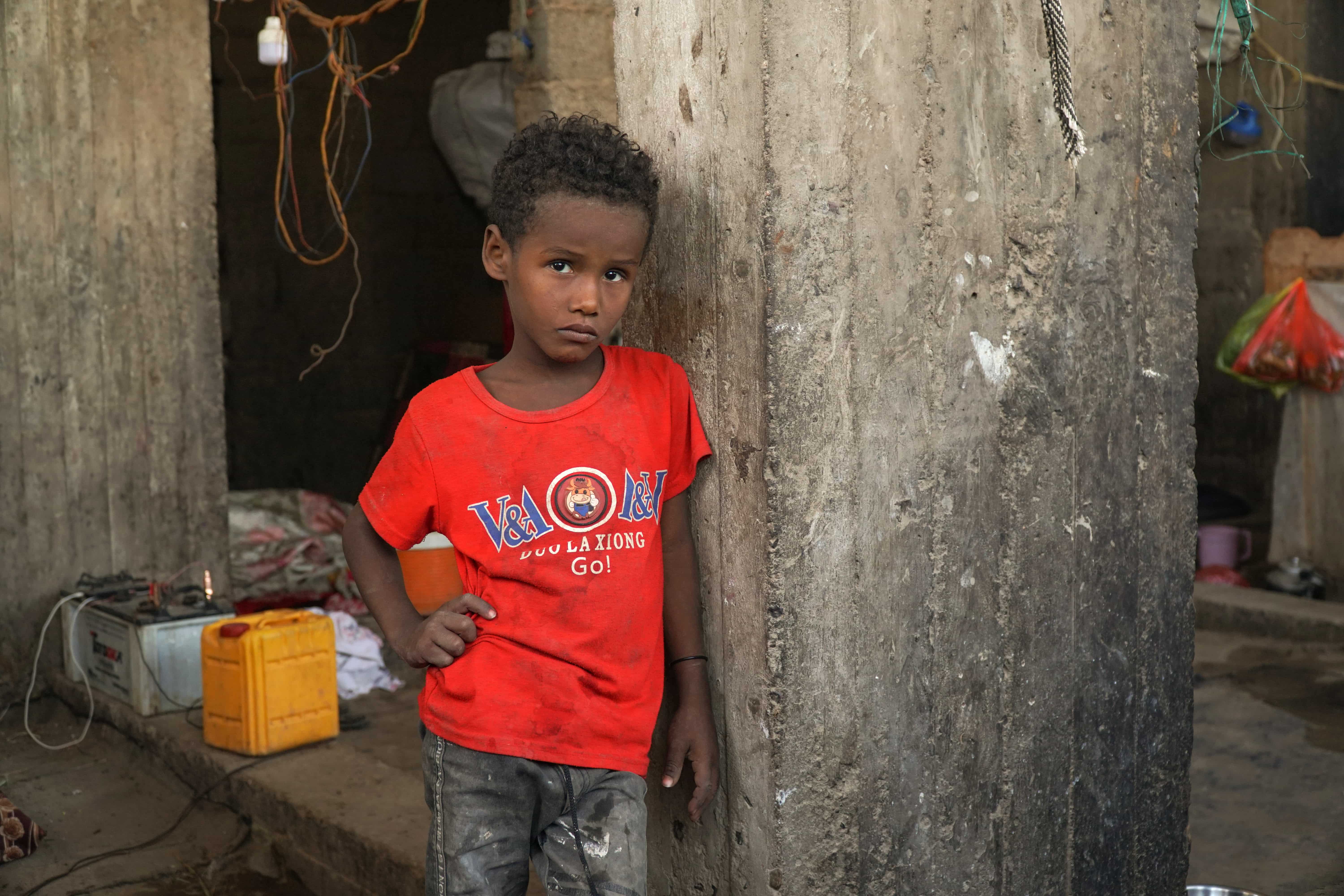 Mohammed Saleh, 9, fled Taizz with his family and now lives in a makeshift camp in Lahj, Yemen. 