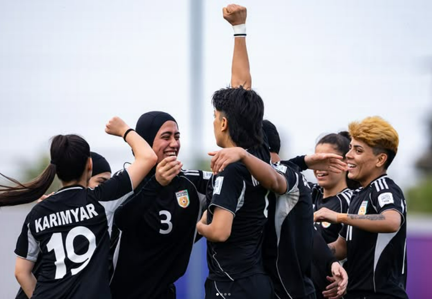 Afghanistan_Afghan Women United football team celebrate scoring a goal
