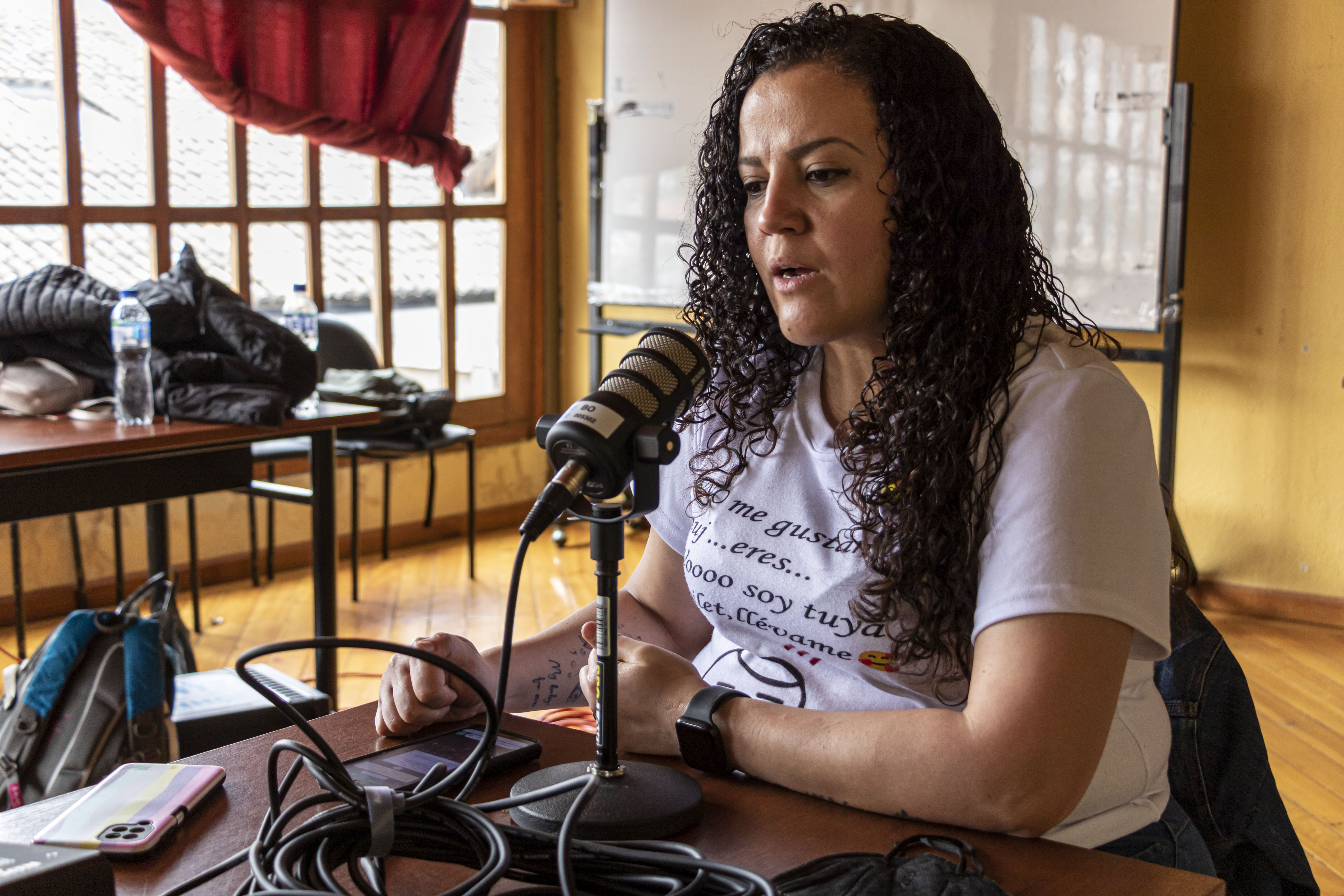 Ecuador. Venezuelan refugee and LGBTIQ+ activist, Yeraldine Cabrera, records a podcast