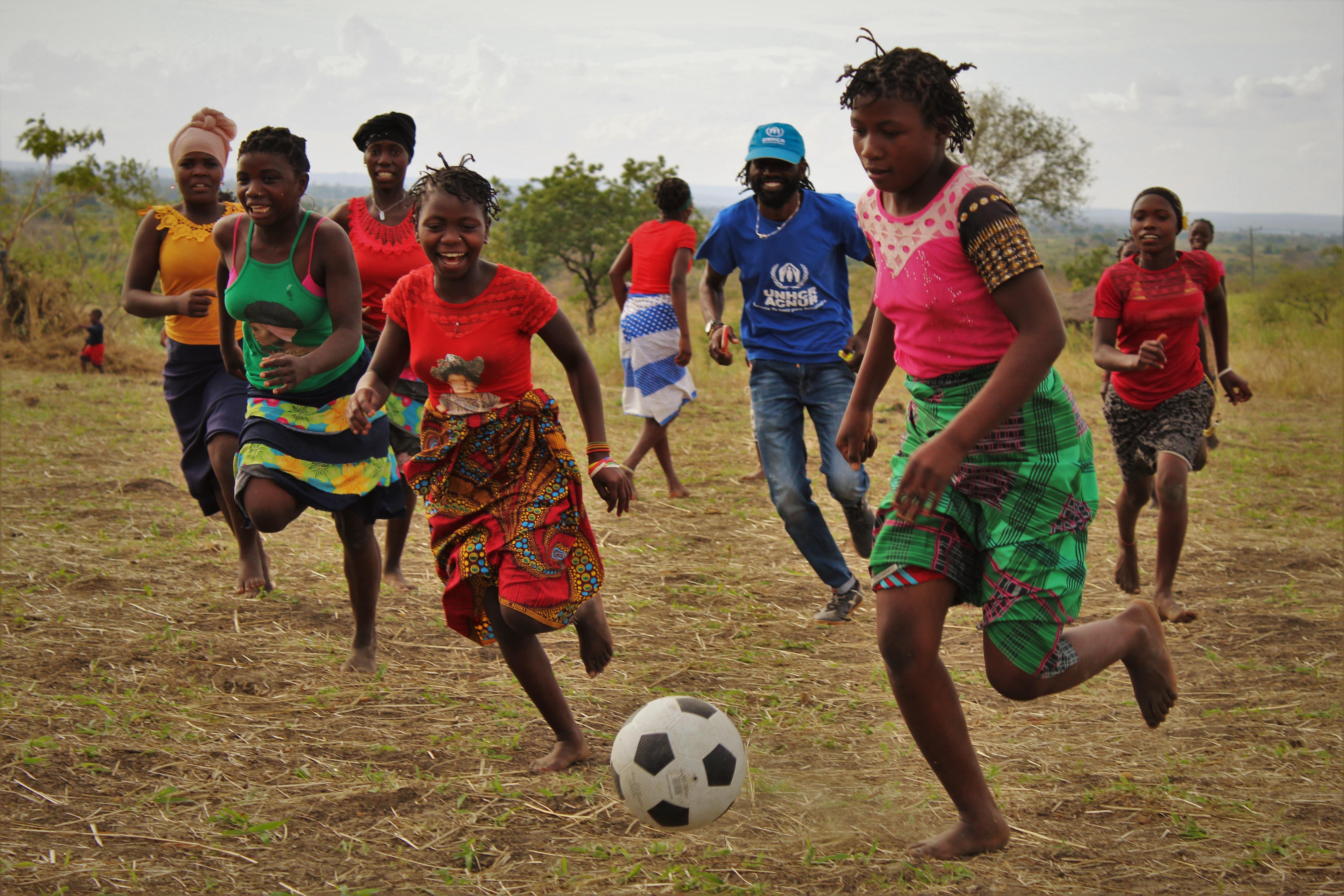 Mozambique. Displaced and host community girls play football in Cabo Delgado